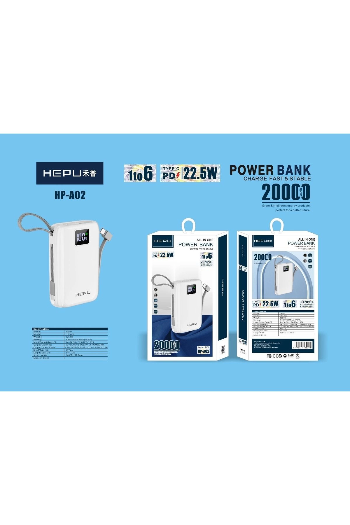 Hp A-02 20.000 mAh Power Bank 22.5 W PD Hızlı Şarj 1 TO 6