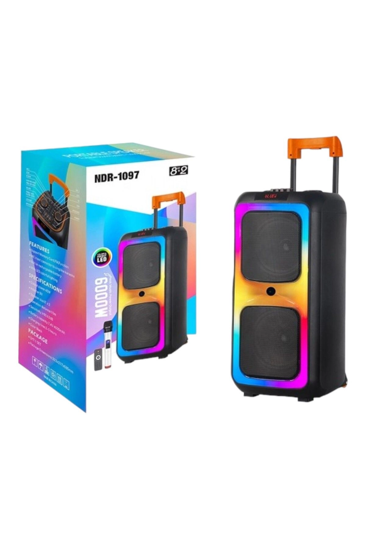 NDR 1097 Taşınabilir Şarjlı Bluetooth Parti Hoparlörü Rgb Aydınlatma 2*8 inc Yüksek Performans